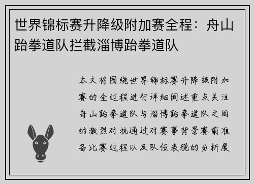 世界锦标赛升降级附加赛全程：舟山跆拳道队拦截淄博跆拳道队